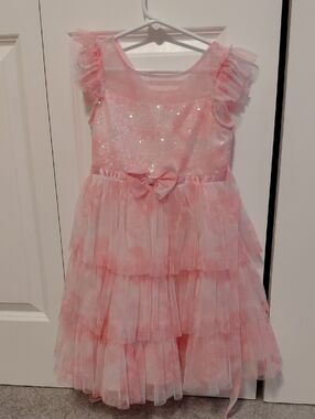 Jona Michelle Blush Pink Layered Tulle Dress with Bow Accent